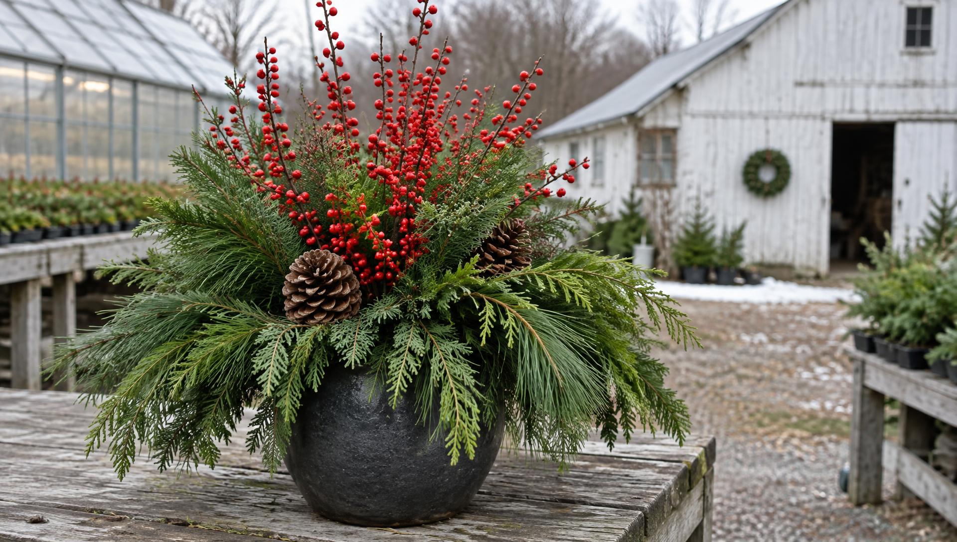 Winter container of cedar and pine boughs with upright red winterberry stems and pinecones, in a dark pot on a weathered wooden bench