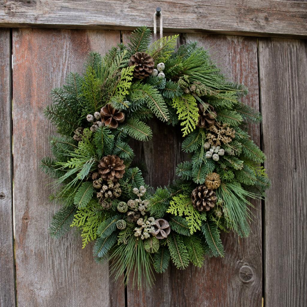 Handcrafted winter wreath of fresh mixed evergreens with pinecones and natural fillers on a grapevine base